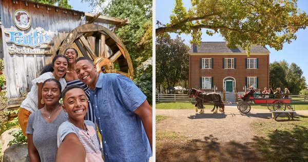 This split-screen image ad showcases a family taking a selfie at Patti's Settlement, juxtaposed with a shot of a hor