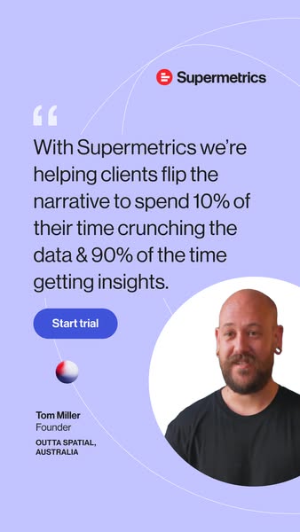 The image ad features a testimonial from Tom Miller, Founder of OUTTA SPATIAL, AUSTRALIA, about how Supermetrics is help