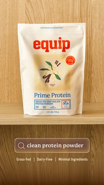 This image ad showcases Equip Prime Protein powder as a clean and high-quality protein option. It targets health-conscio