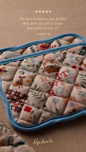 This ad features a close up image of a Rifle Paper Co. pot holder next to a customer quote who thinks the pot holder doe