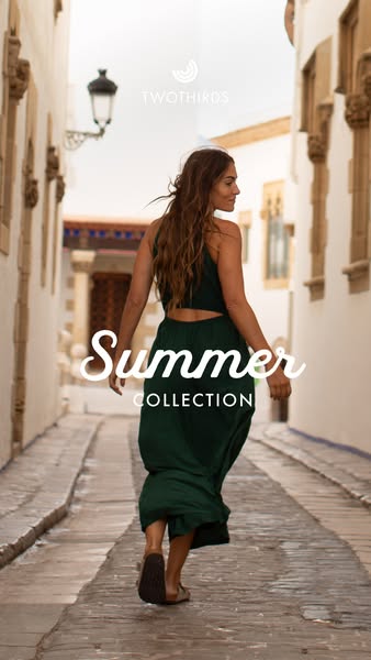This ad features a woman in a summer dress from the brand TWOTHIRDS, walking down a cobblestone street. The ad promotes 
