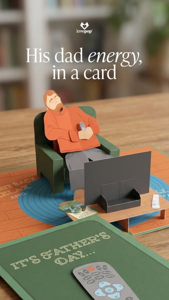 This image ad by Lovepop advertises a Father's Day card featuring a pop-up image of a man relaxing in front of the T