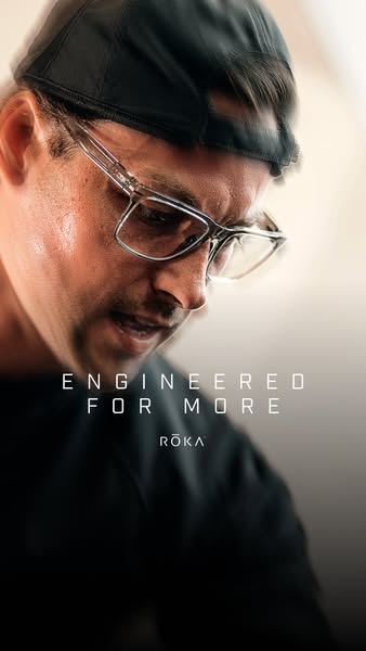 This ROKA ad features a close-up shot of a man wearing ROKA eyewear. The text "Engineered for more" appears ab