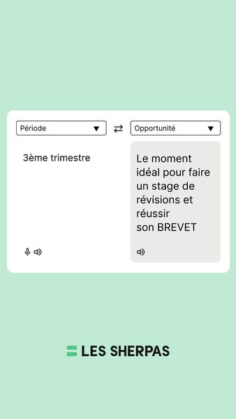 Ad for Les Sherpas, a tutoring service, that shows a screenshot of two columns. The left column has the option to select