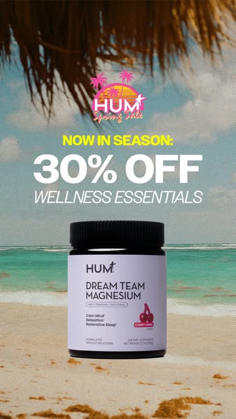 This image ad for HUM promotes their Dream Team Magnesium supplement. The ad uses a beach scene background with the prod