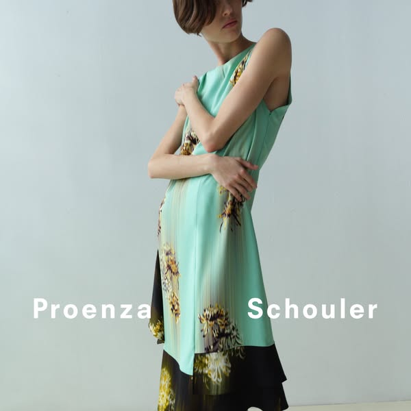 This is a simple brand ad for Proenza Schouler featuring a model wearing a dress.