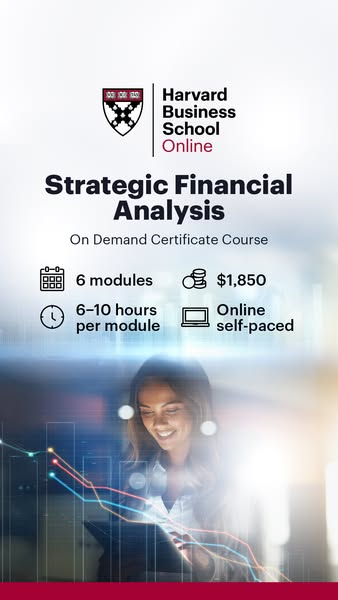This is an ad for Harvard Business School's Strategic Financial Analysis On Demand Certificate Course. The ad highli