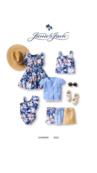 This is a flatlay image ad for Janie and Jack showcasing a range of children's summer clothing and accessories.