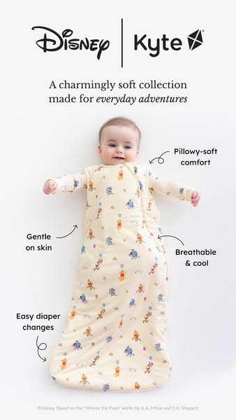 A product image ad featuring a baby wearing a Winnie the Pooh-patterned Kyte sleep sack. Text callouts list the product&
