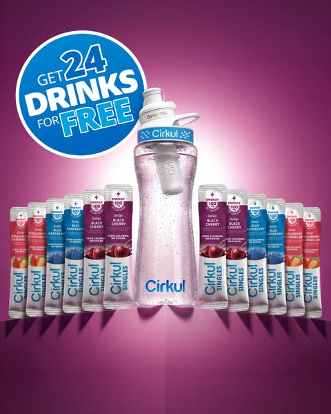This ad promotes Cirkul's water bottle system with a limited-time offer, showcasing the product alongside various fl