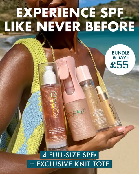 The ad showcases a set of four full-size SPF products from Kopari, bundled with an exclusive knit tote bag. The visual e
