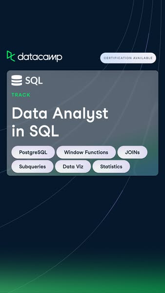 This ad promotes Datacamp's SQL Data Analyst track. It highlights the courses and offers certification upon completi