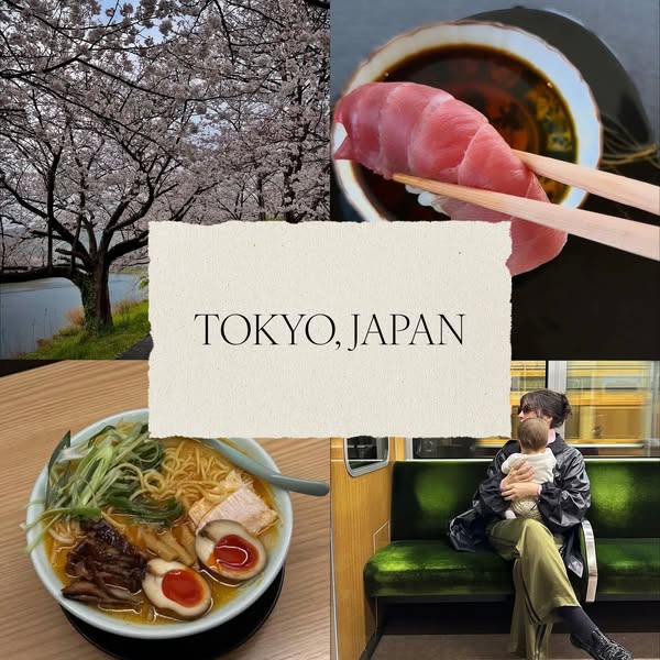 This ad is a visual collage of four photos themed around travel to Tokyo, Japan. The collage uses a torn paper effect in