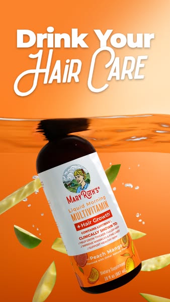 This ad is for Mary Ruth's Liquid Morning Multivitamin + Hair Growth. The bottle is submerged in water with sliced f