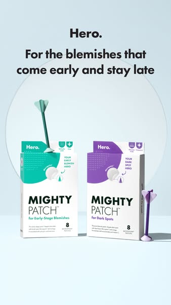 Image ad for Mighty Patch. The ad highlights two different patches for blemishes, the original patch for early-stage ble