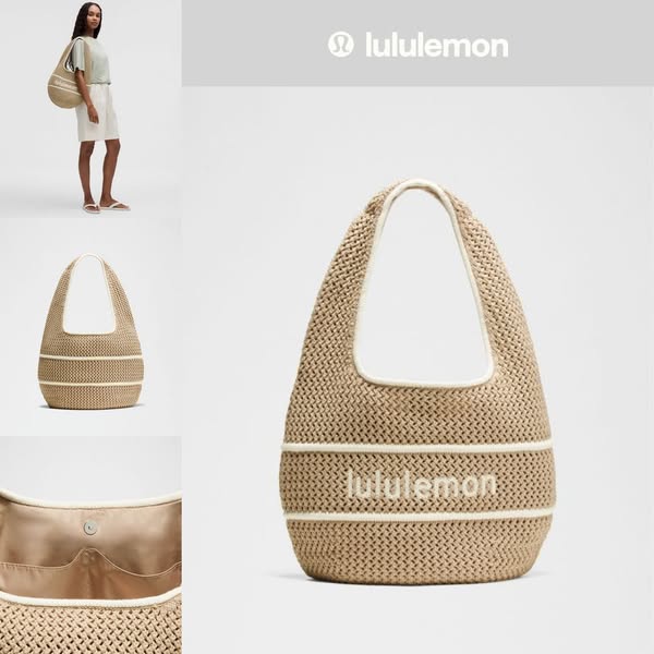 This ad showcases a woven tote bag from Lululemon, highlighting its design and functionality. It emphasizes the brand