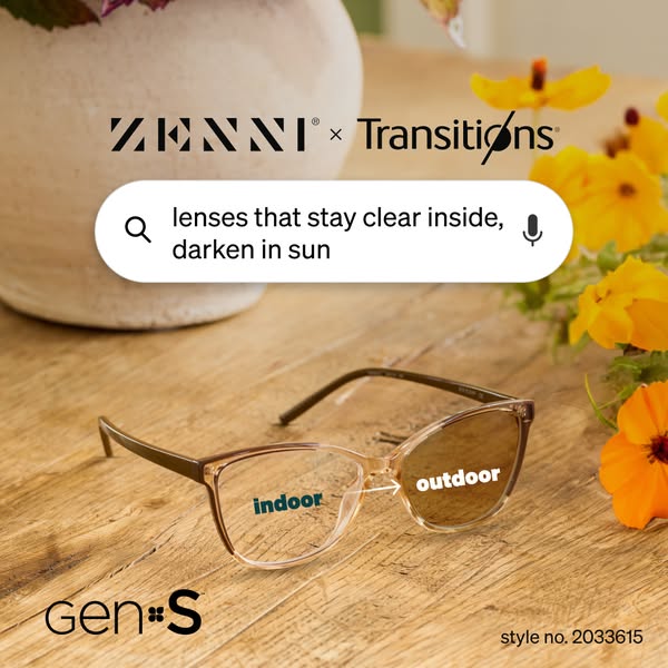 This ad features a pair of Zenni eyeglasses with lenses that transition from clear indoors to dark outdoors. The ad uses