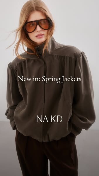 This ad showcases a woman wearing a new spring jacket from NA-KD.