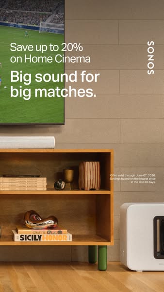 This ad promotes Sonos home cinema products with a discount of up to 20%. The image features Sonos speakers within a hom