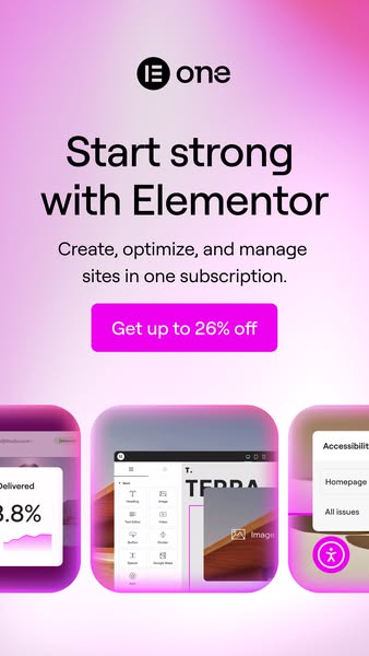 This ad promotes Elementor, a site creation platform that allows users to create, optimize, and manage sites with one su