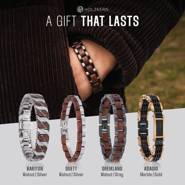 The ad promotes Holzkern wood and metal bracelets as a gift. The image features a wrist wearing one of the brand's b