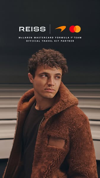 This ad features a collaboration between Reiss, McLaren, and Mastercard, showcasing their partnership as the official tr
