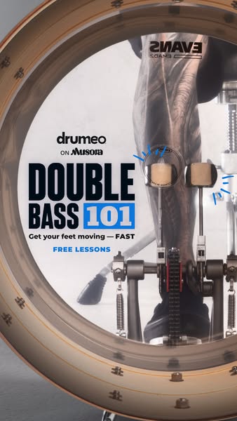 The image ad showcases a double bass drum pedal for drummers who want to improve their technique. It uses text to highli
