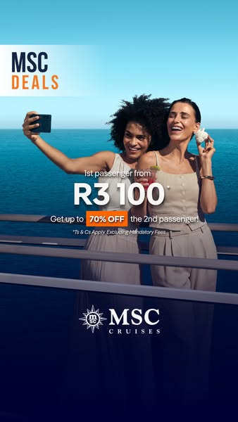 This image ad promotes MSC Cruises, offering a deal where the first passenger is priced from R3100, and the second passe
