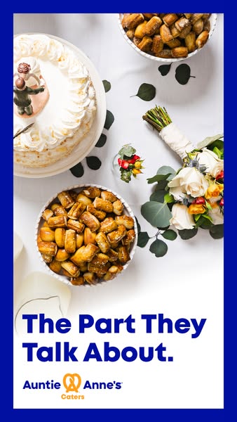An image ad for Auntie Anne's catering. The image shows a wedding cake, wedding bouquet, and bowl of Auntie Anne'