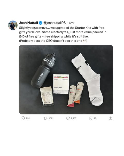 This ad features a social media post promoting Puresport starter kits with free gifts and free shipping, emphasizing the