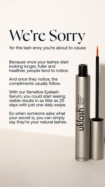 The ad features a single product shot for Uklash's Sensitive Eyelash Serum. The text copy of the ad conveys that usi