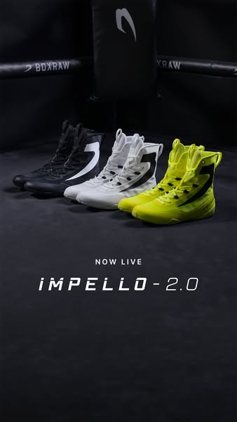 This ad features three pairs of boxing shoes in different colors against a dark background. The shoes are the focal poin