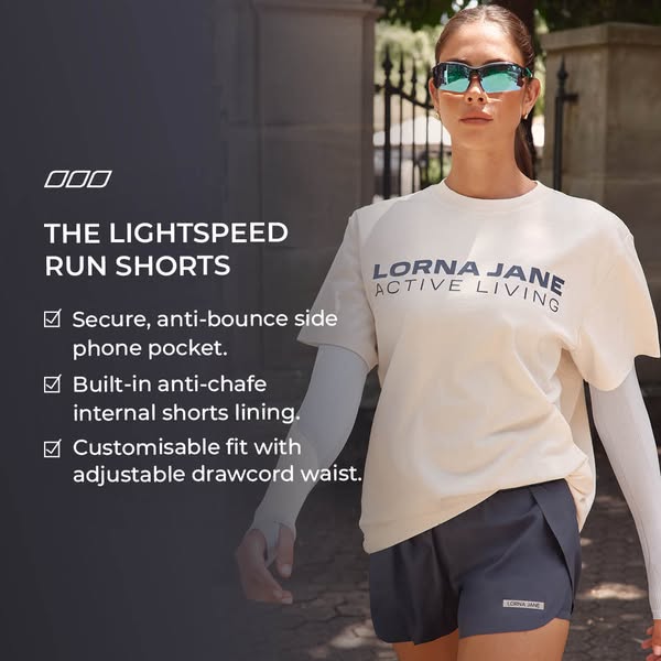 This ad promotes Lorna Jane's Lightspeed Run Shorts. The ad features a woman wearing the shorts and highlights the p
