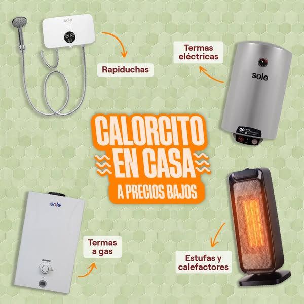 This image ad showcases four different water and air heaters from the Sole brand. The ad promotes that you can get “warm