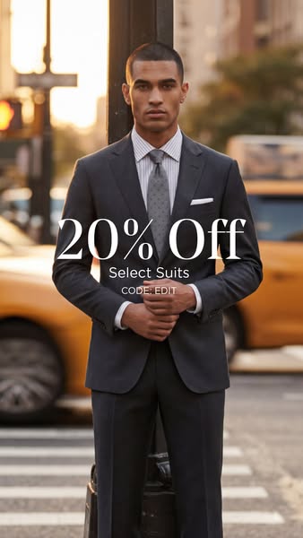The ad features a photograph of a man in a suit, advertising a 20% off sale on select suits.