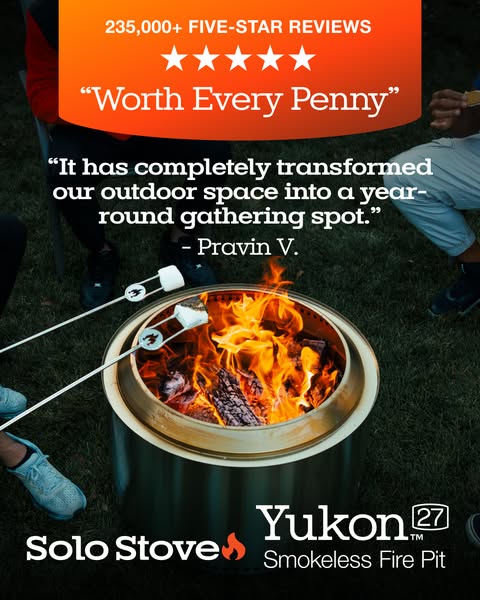 This image ad features a Solo Stove Yukon 27 Smokeless Fire Pit with copy highlighting the positive experiences of real 