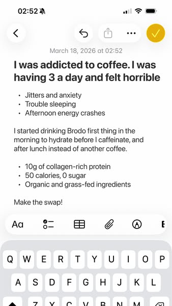 This ad presents the pain points of being addicted to coffee, then introduces Brodo as a solution to the problem.