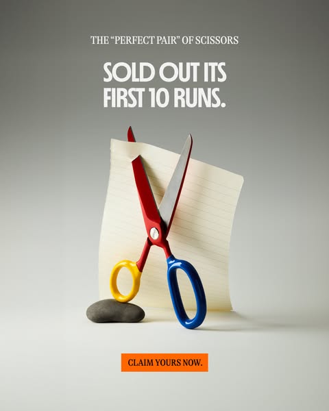 This ad showcases scissors that are so good they have already sold out 10 times. The scissors are shown in a minimalist 