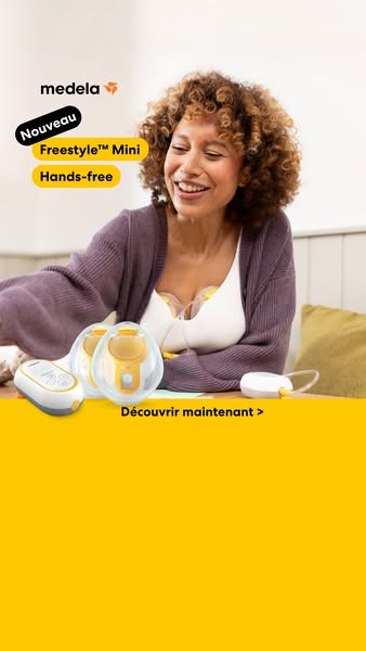 This ad for the Medela Freestyle™ Mini breast pump features a smiling woman wearing the breast pump under her clothing. 