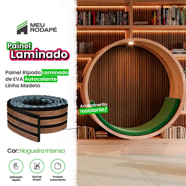 This image ad showcases Meu Rodapé's laminated wall panel, emphasizing its easy application, maintenance, and durabl
