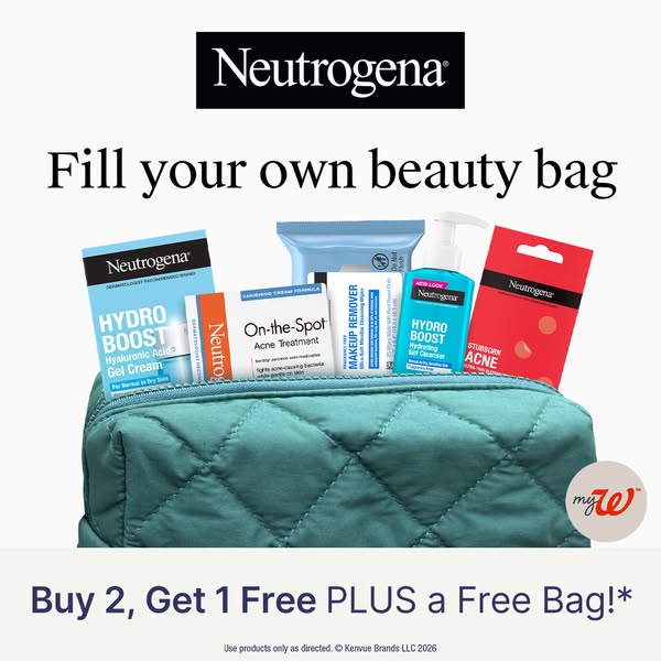 This ad features Neutrogena products inside a beauty bag and promotes a 'Buy 2, Get 1 Free PLUS a Free Bag!' off