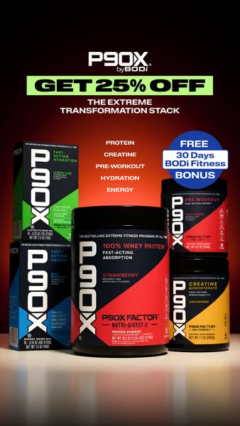 This image ad promotes the P90X Extreme Transformation Stack, highlighting various protein and energy supplements aimed 