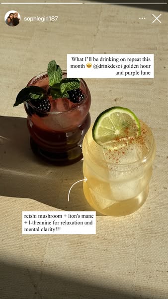 This ad showcases the Desoi brand of mushroom and l-theanine drinks that promote relaxation and mental clarity. The ad f