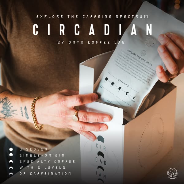 An image ad showcasing Onyx Coffee Lab's Circadian single-origin specialty coffee, emphasizing its five levels of ca