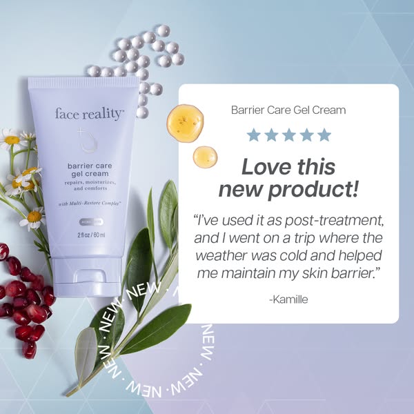 This ad features a testimonial for Face Reality's Barrier Care Gel Cream. The visual elements are designed to emphas