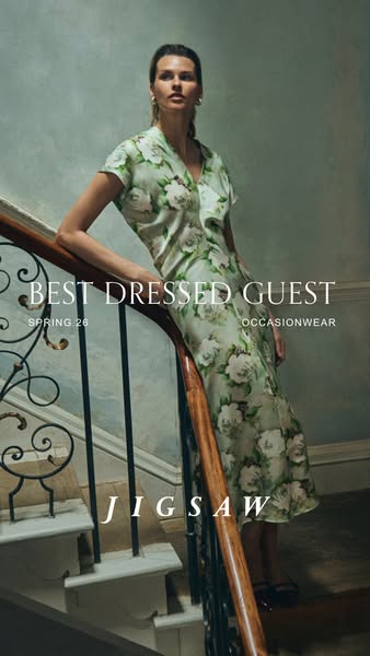 This ad features a woman in a floral dress on a staircase, promoting Jigsaw's occasionwear collection for Spring 