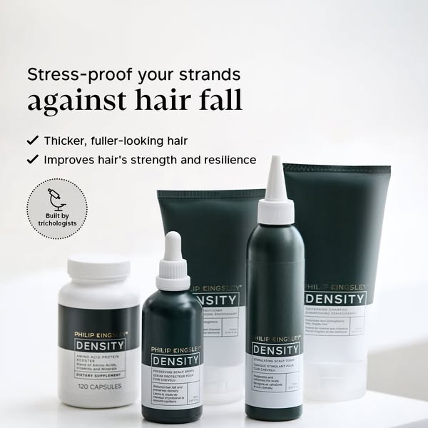 This image ad promotes Philip Kingsley Density products as a solution for hair fall. It highlights thicker, fuller-looki