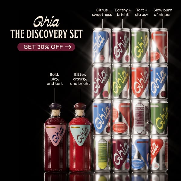 This image ad showcases Ghia's Discovery Set, featuring an assortment of their canned beverages and bottled non-alco