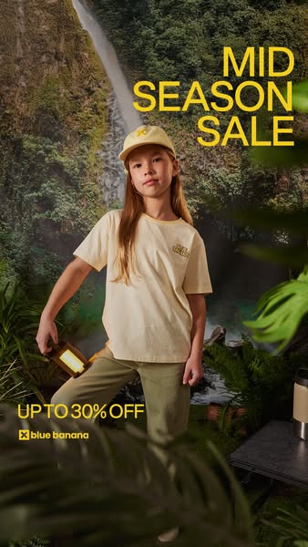 This image ad features a girl in an outdoor setting, wearing clothing and accessories from Blue Banana. The ad promotes 