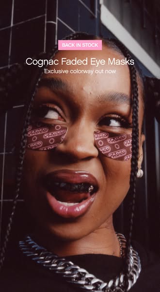 The ad showcases the Faded Eye Masks from the brand Faded. It features a person with the masks applied, highlighting the